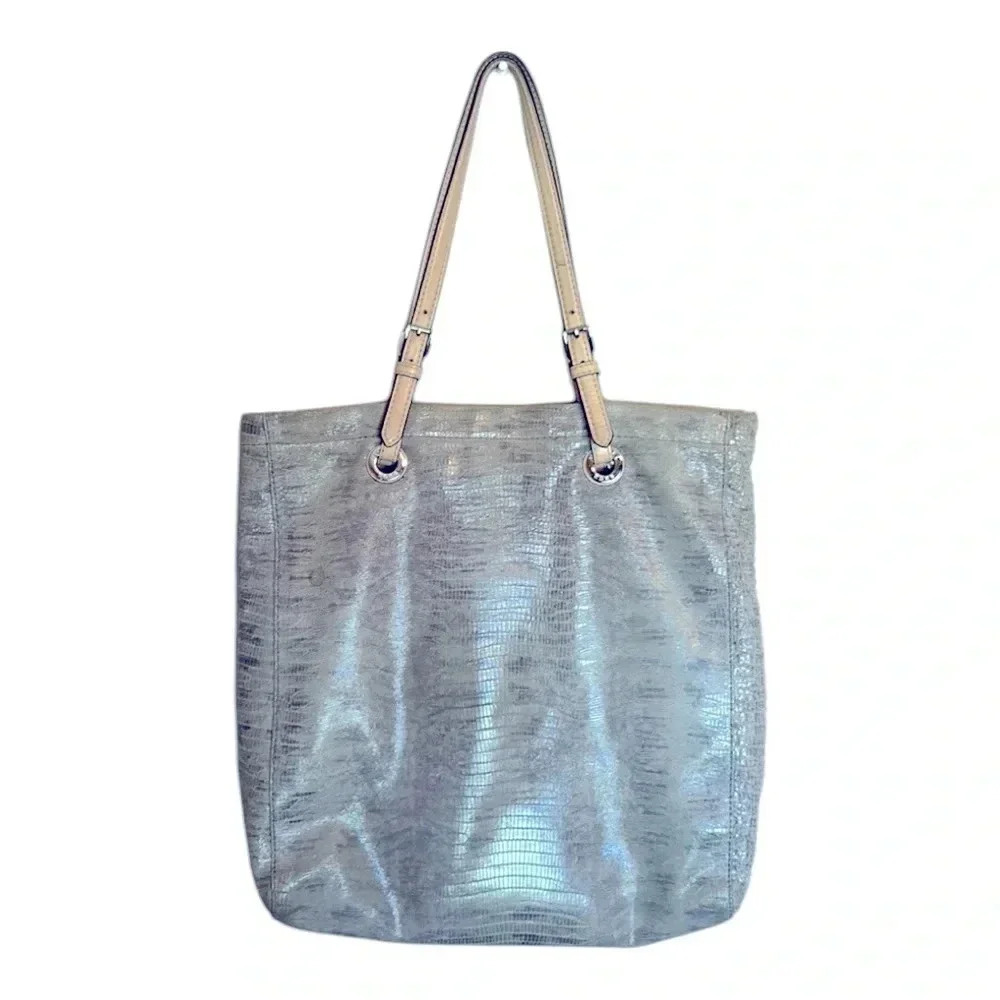 Michael Kors Silver Metallic Snakeprint Shoulder Tote Bag - Picture 2 of 8